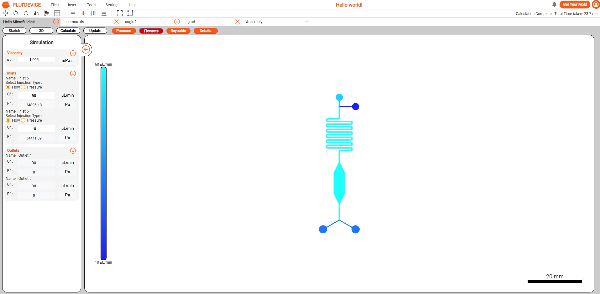 FLUI'DEVICE microfluidics calculator interface