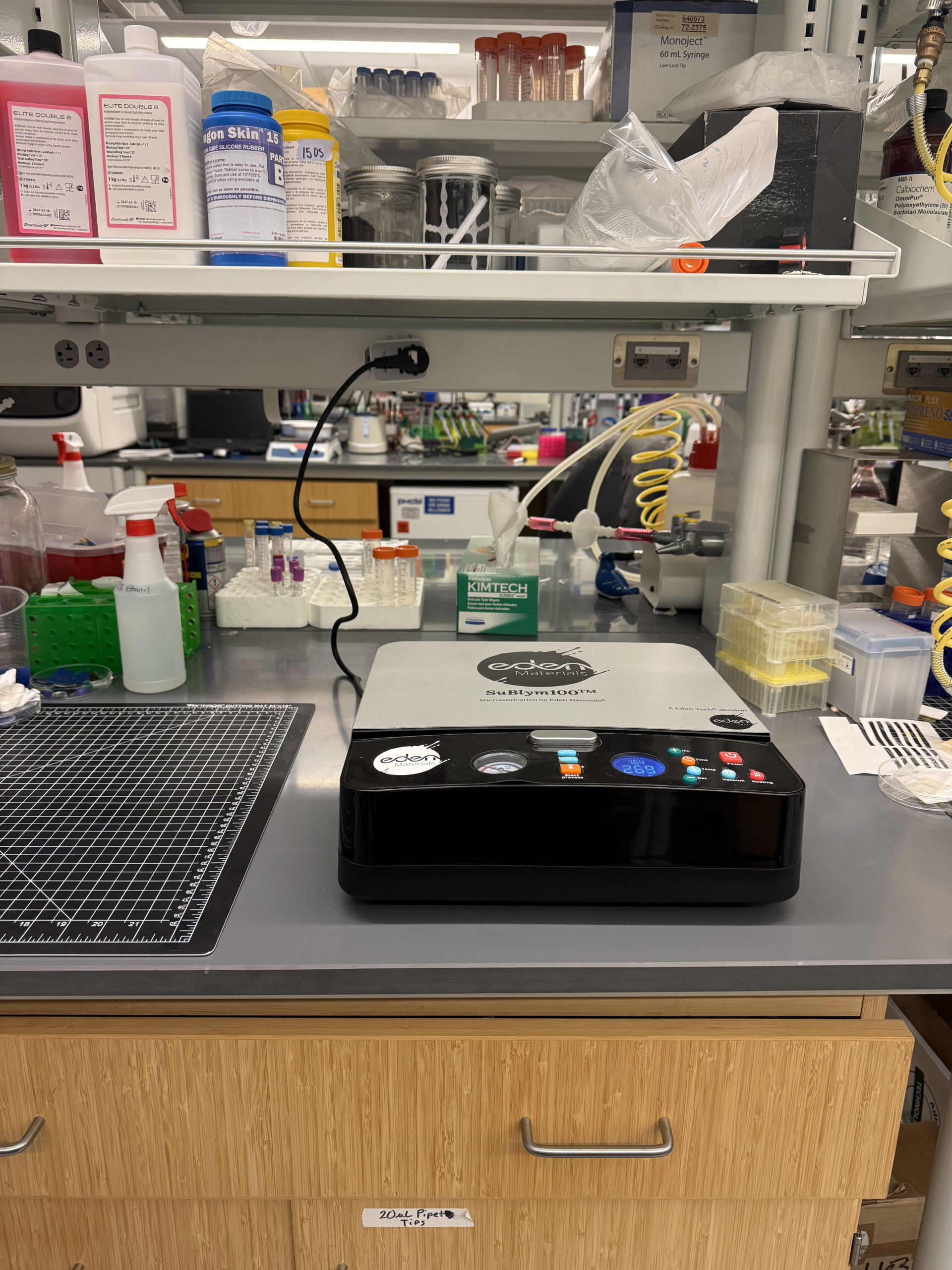 Close-up of Sublym hot embossing machine for microfluidic device fabrication